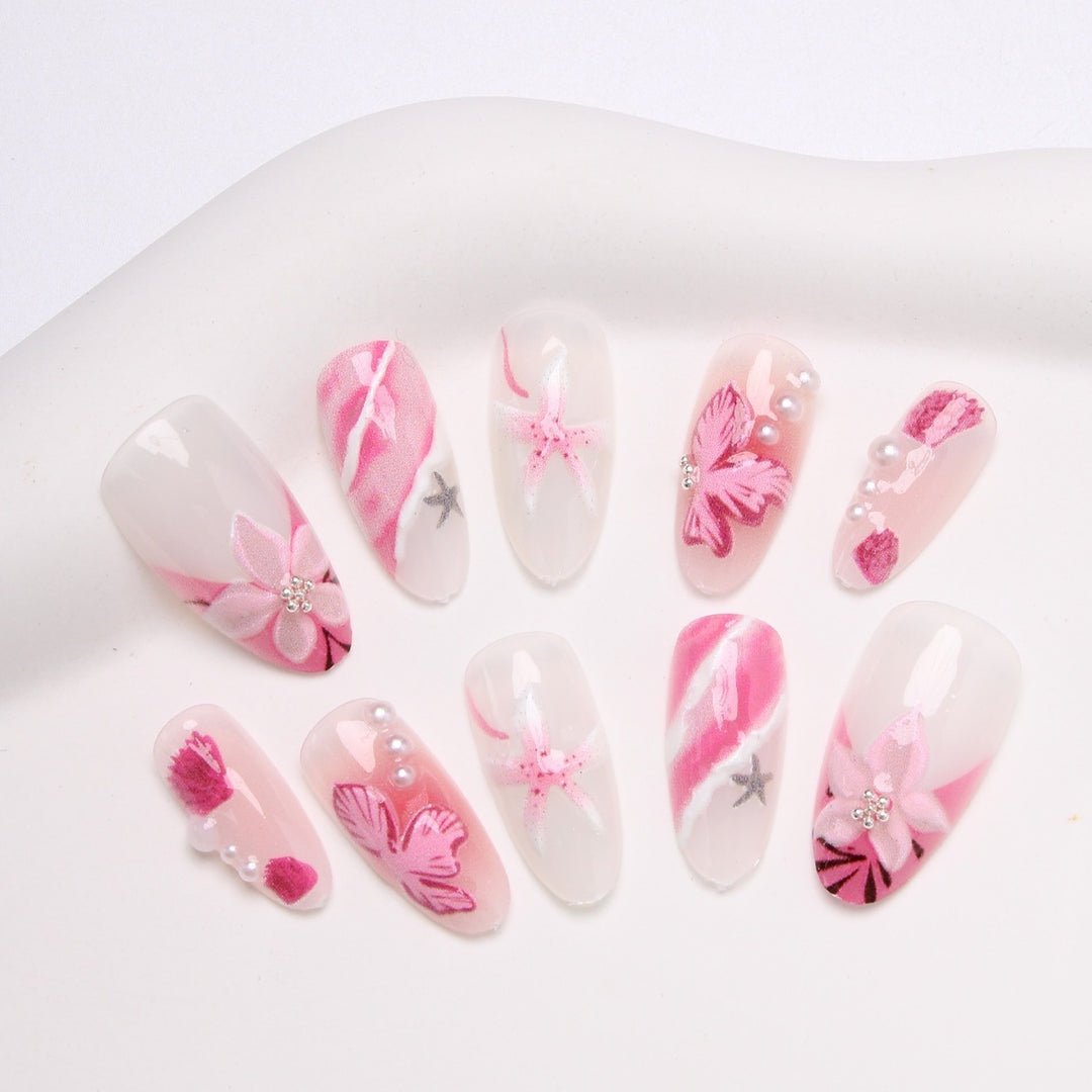 Acrylic nail set with elegant flower and glitter pattern Stornfield