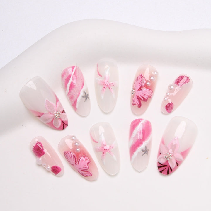 Acrylic nail set with elegant flower and glitter pattern Stornfield