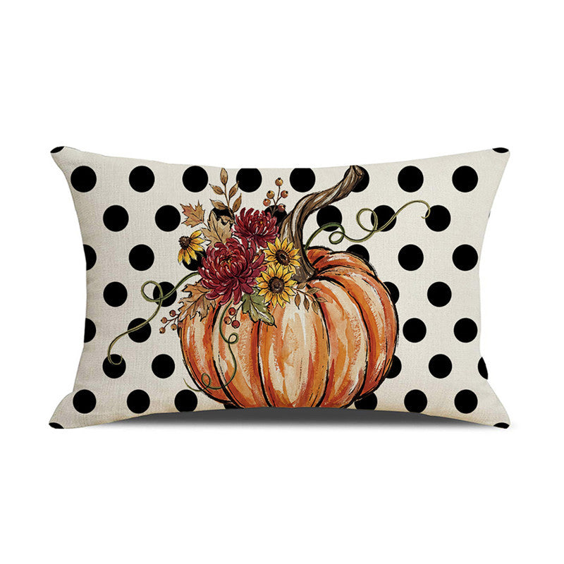 Rectangular Linen-Cotton Decorative Pillow Cover with Polka Dot Background and Autumn Pumpkin Floral Print
