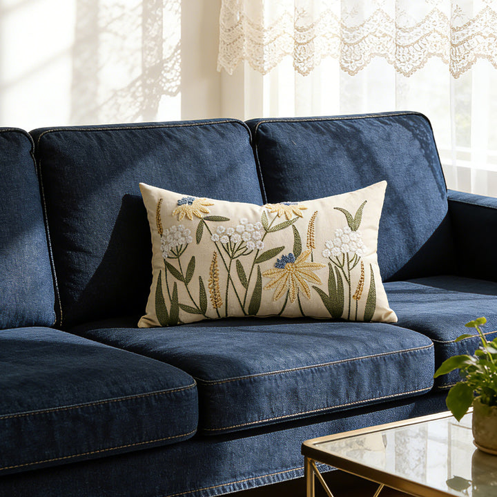 Embroidered Floral Lumbar Throw Pillow Cover with Textured Chenille Appliqué and Hidden Zipper