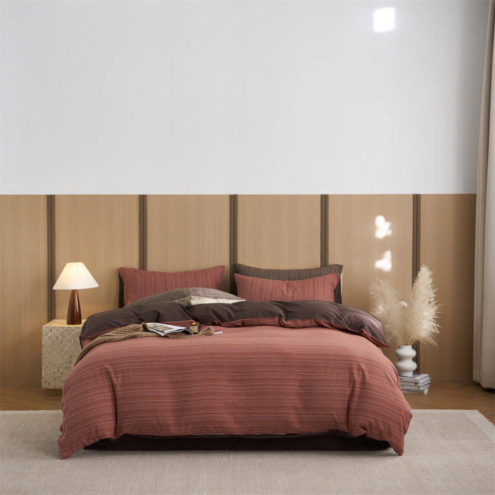 Finely striped cotton satin bedding set with reversible function and extra soft feel