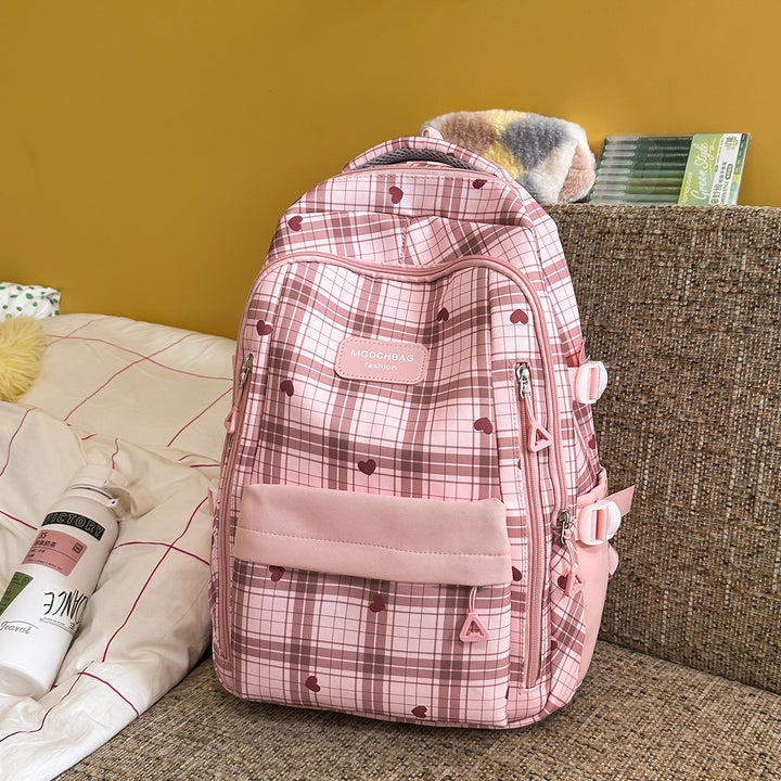 Stylish Checked Backpack with Heart Accents Stornfield