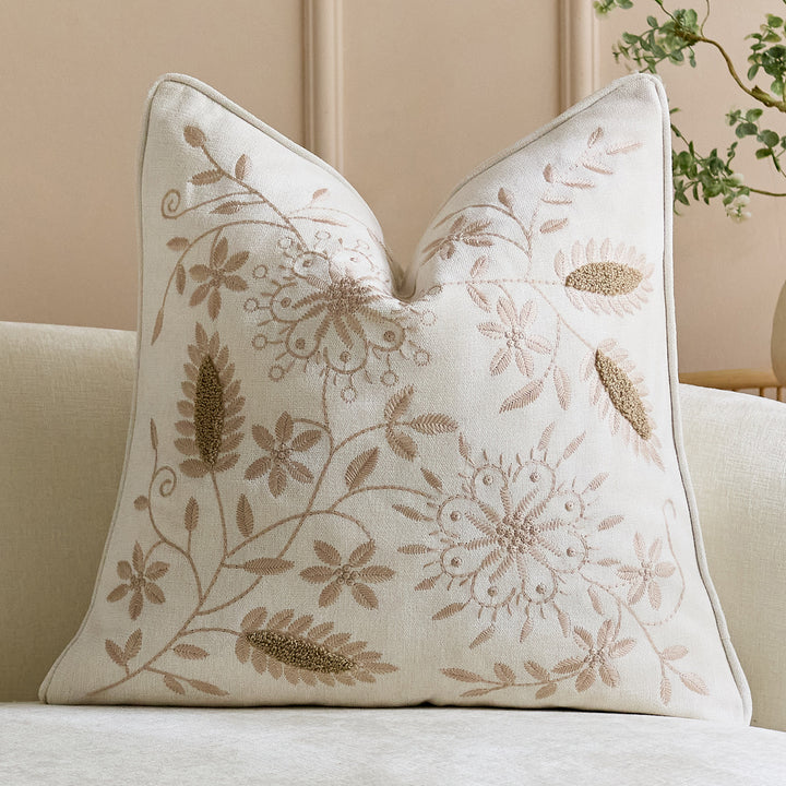 Square Embroidered Linen-Blend Decorative Throw Pillow Cover with Piped Edge