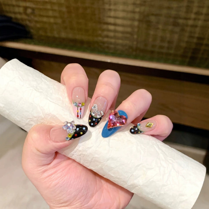 Artistic Press-On Nail Set with Colorful Jewel Accents Stornfield
