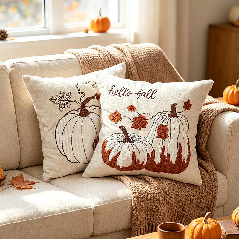 Autumn Pumpkin Embroidered Lumbar Accent Pillow Cover