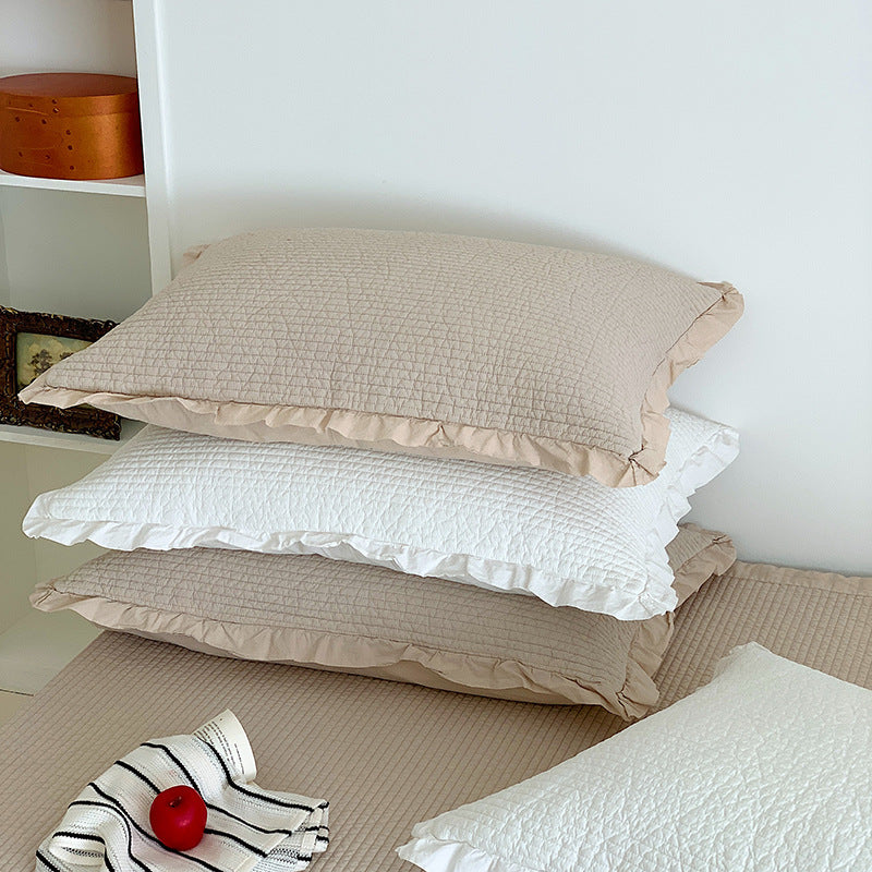 Waffle-Texture Ruffled-Hem Bedspread and Quilted Pillow Sham Set