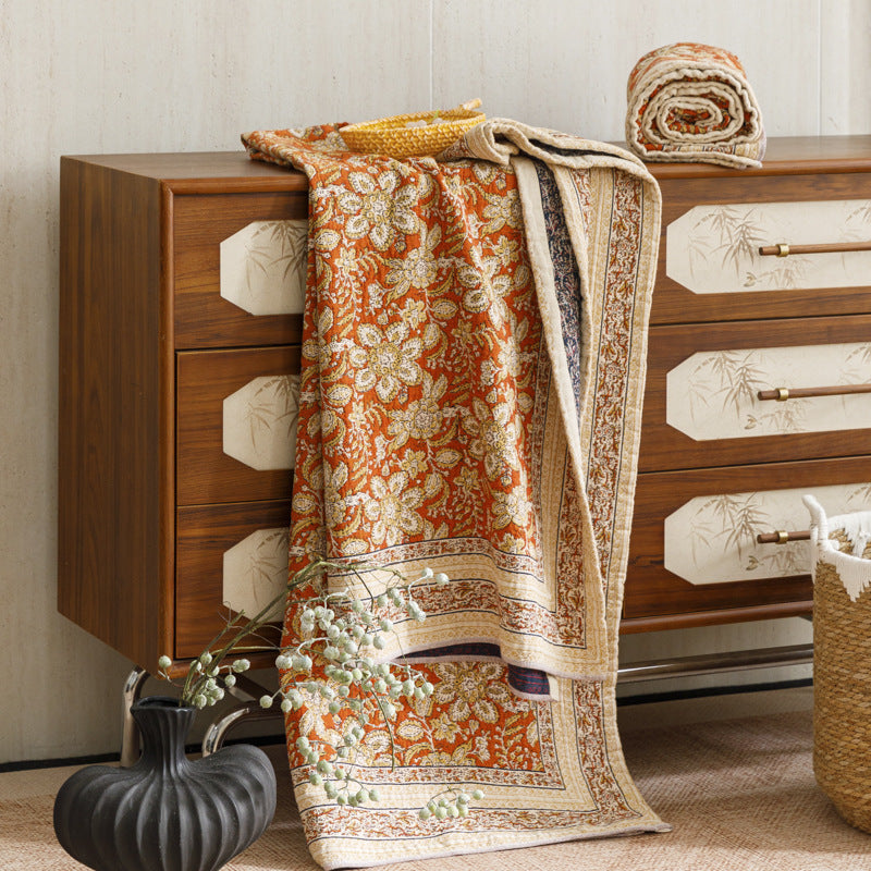 Reversible Quilted Kantha Throw Blanket with Floral Block Print