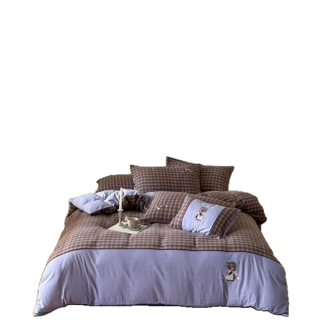 Plaid Cotton-Linen Blend Duvet Cover Set with Embroidered Sunbonnet Appliqué and Reversible Solid Backing