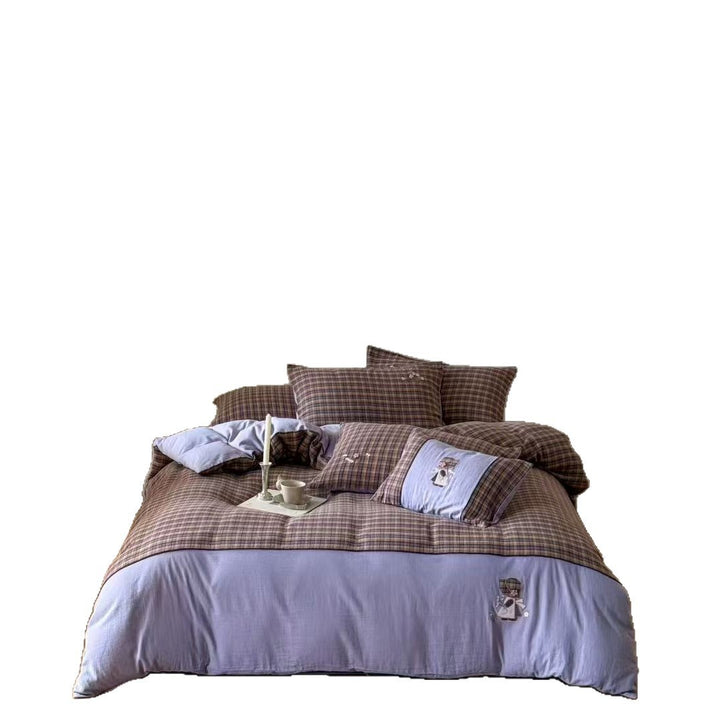 Plaid Cotton-Linen Blend Duvet Cover Set with Embroidered Sunbonnet Appliqué and Reversible Solid Backing