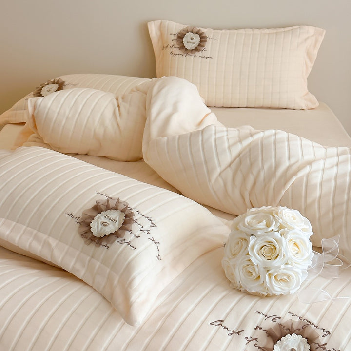 Quilted Sateen Duvet Cover Bedding Set with Appliqué Rosette & Embroidered Script