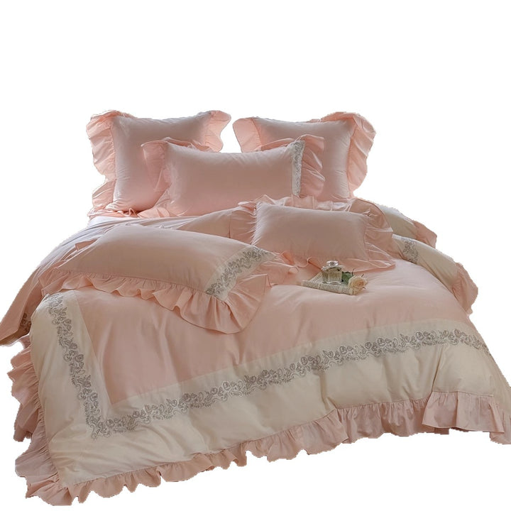 Romantic Ruffle-Trim Cotton Duvet Cover Ensemble with Embroidered Border & Pillow Shams