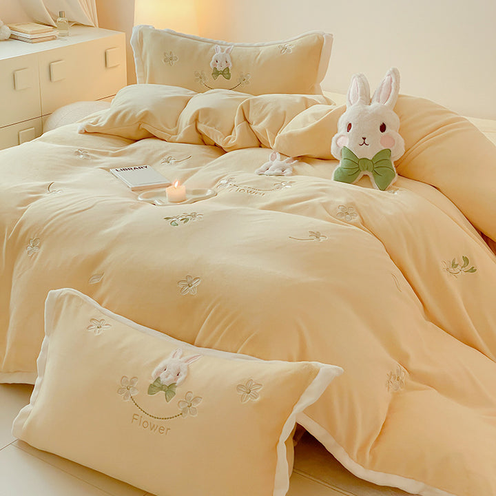 Embroidered Plush Bunny Comforter Bedding Set with Decorative Pillow Shams