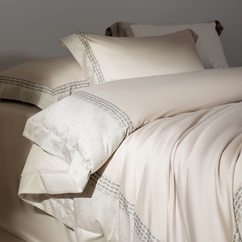 Hotel-Grade Sateen Duvet Cover Ensemble with Micro-Embroidered Lattice Border and Euro Shams