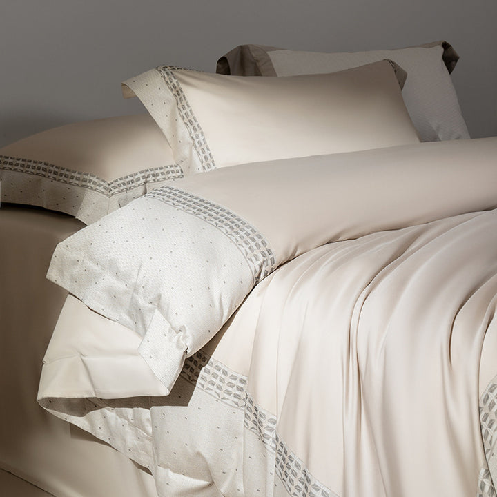 Hotel-Grade Sateen Duvet Cover Ensemble with Micro-Embroidered Lattice Border and Euro Shams