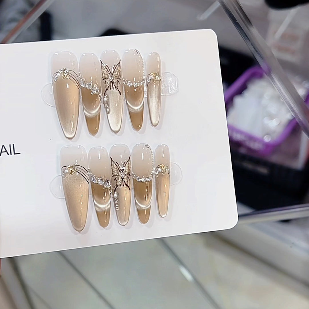 Artistic Butterfly and Pearl-Embellished Press-On Nail Set Stornfield
