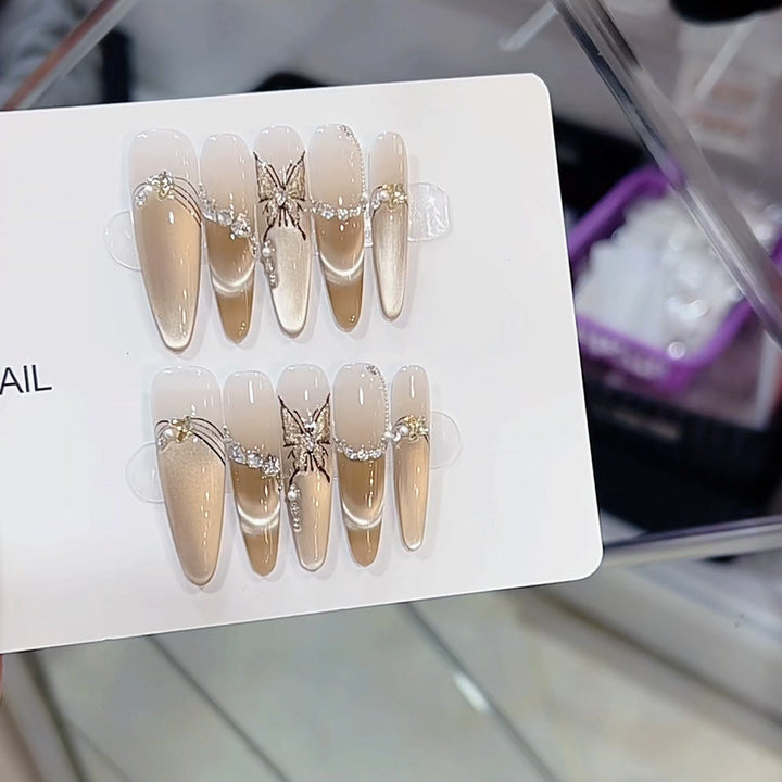 Artistic Butterfly and Pearl-Embellished Press-On Nail Set Stornfield