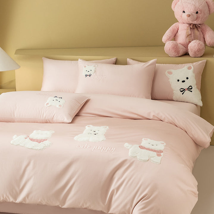 Children's duvet cover set made of cotton satin with embroidered plush puppy appliqués