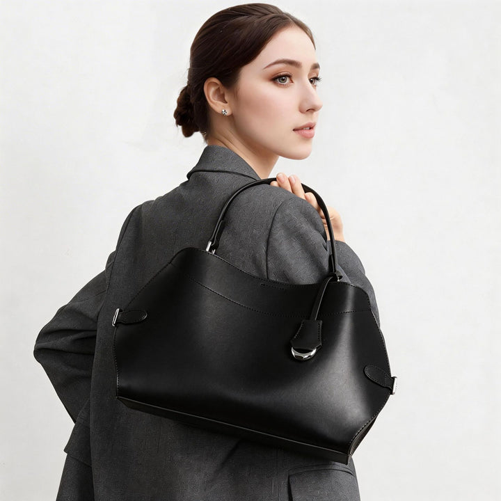 Structured Smooth Leather Top-Handle Tote Bag with Silver Hardware