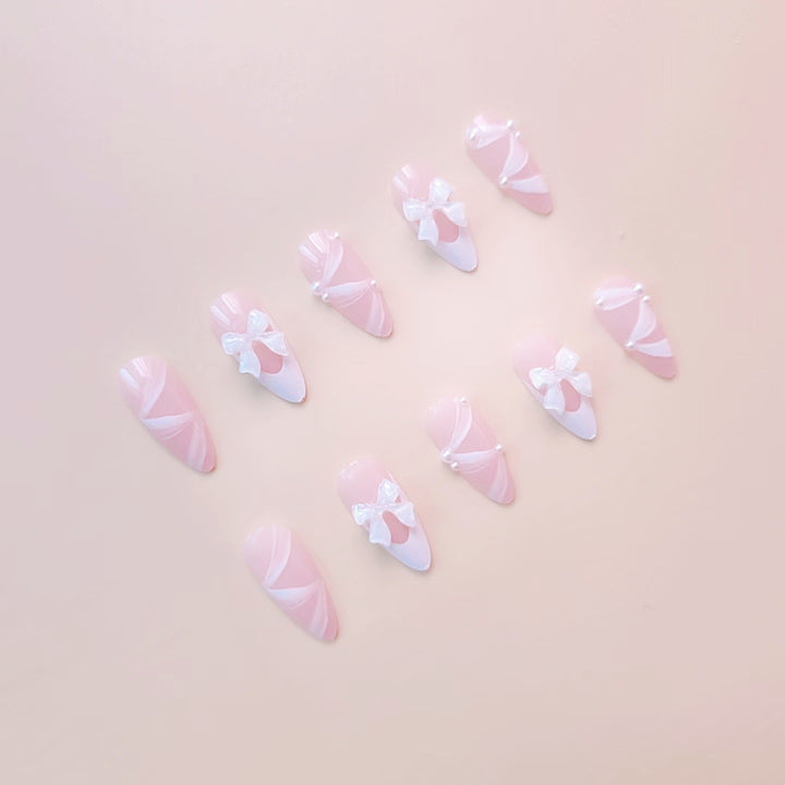 Artificial nail set with elegant 3D bows and lace decorations Stornfield