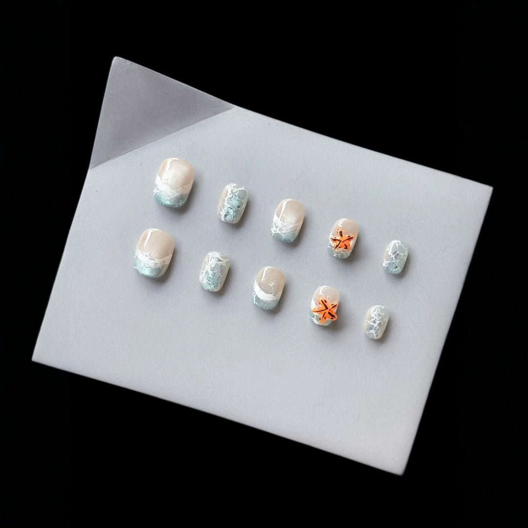 Elegant Press-On Nail Art Set with Ocean-Inspired Design