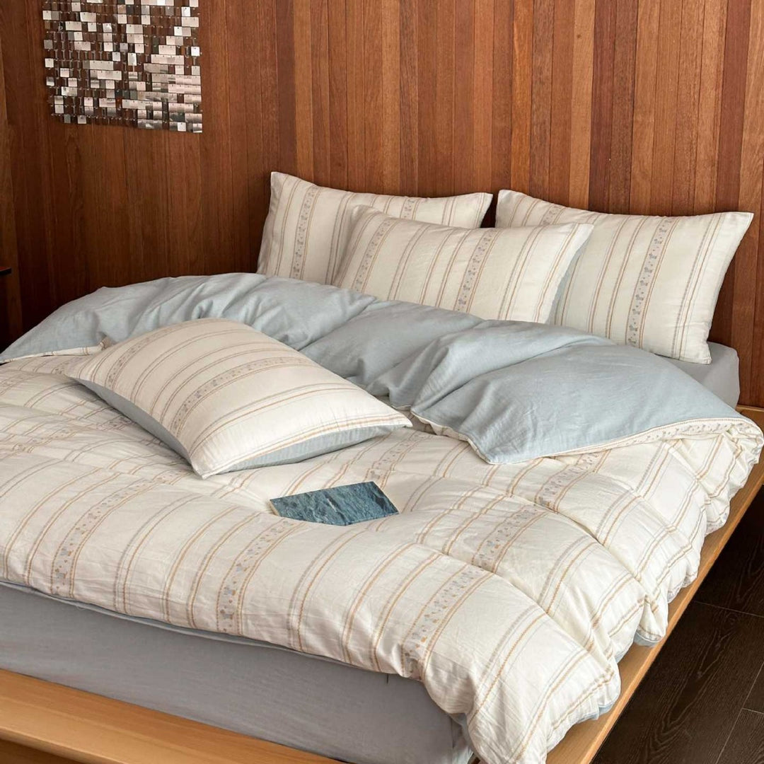 Reversible Cotton-Linen Duvet Cover Set with Handcrafted Stripe & Folk Motif