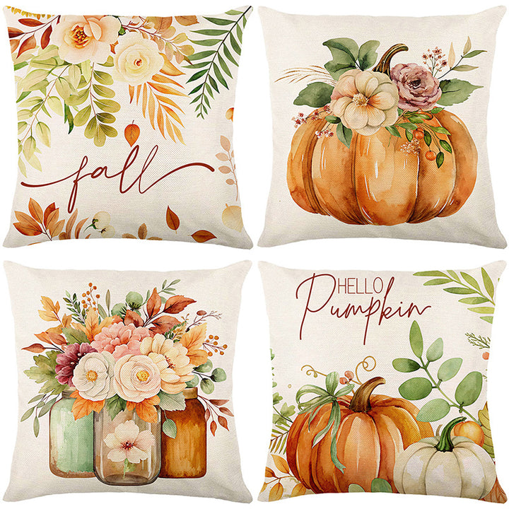 Autumn Watercolor Floral Cotton-Linen Throw Pillow Cover with Script 'Fall'