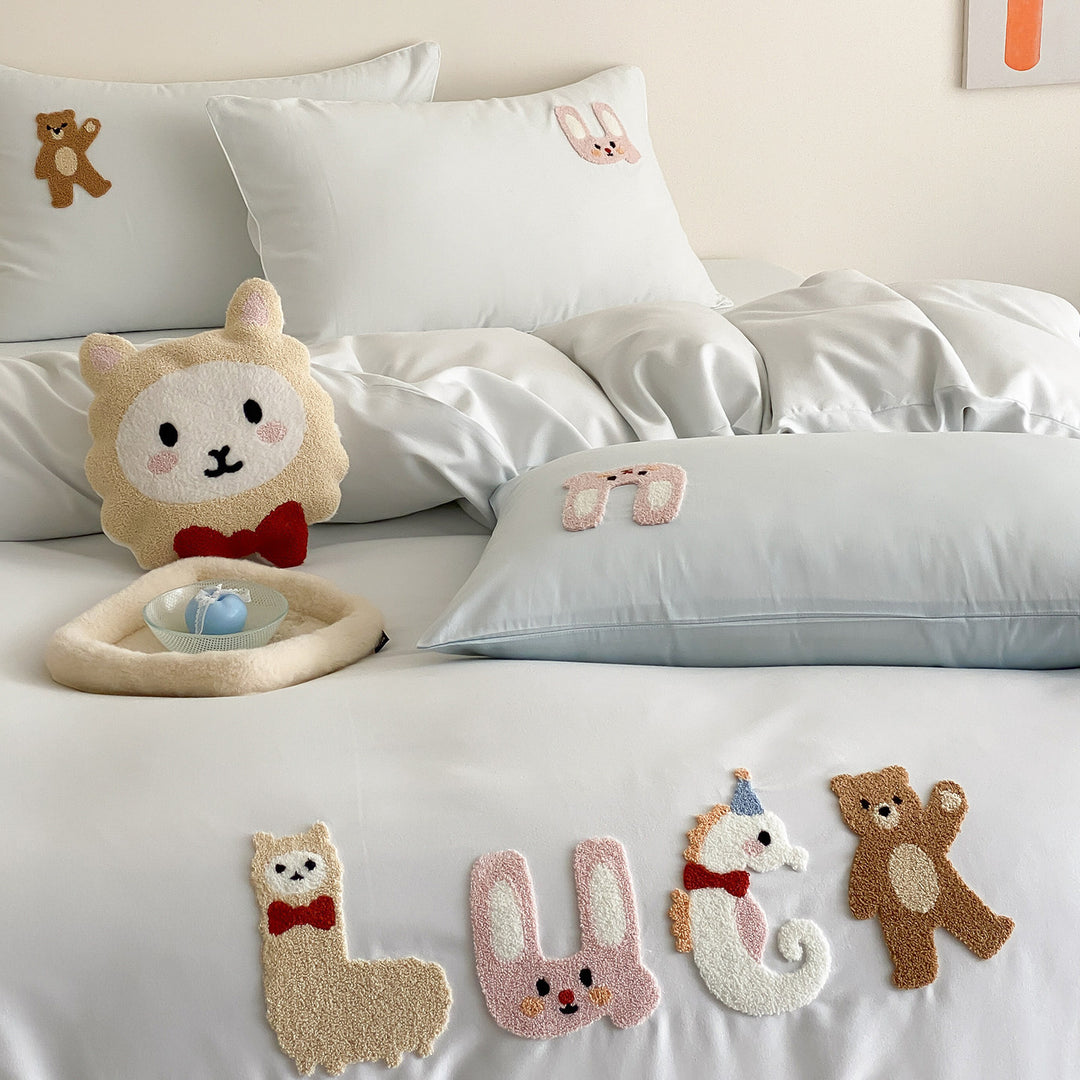 Children's Playful Appliqué Cotton Duvet Cover Set with Pillow Shams & Plush Accent