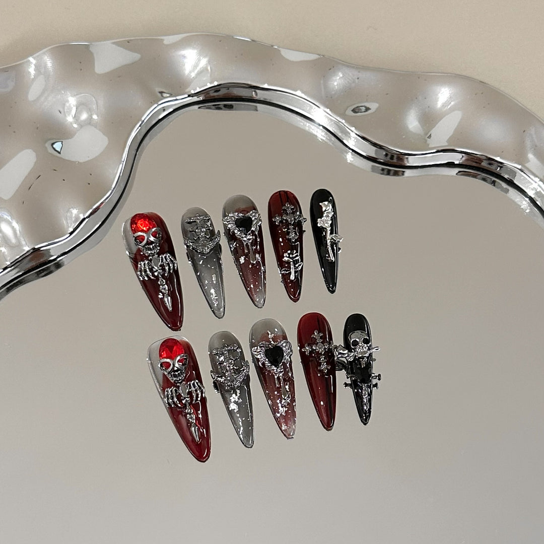 Gothic-Themed Press-On Nail Art Set with Unique Silver Accents