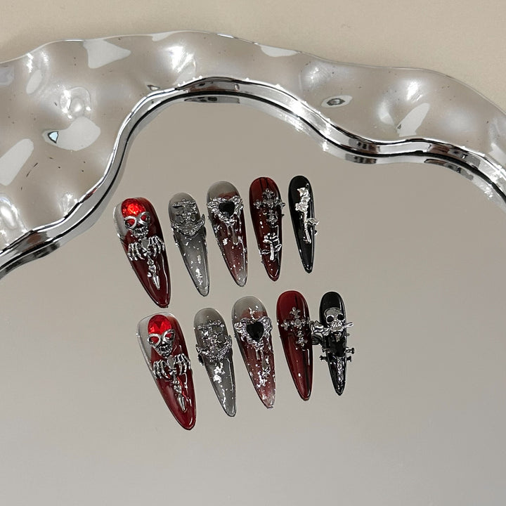 Gothic-Themed Press-On Nail Art Set with Unique Silver Accents