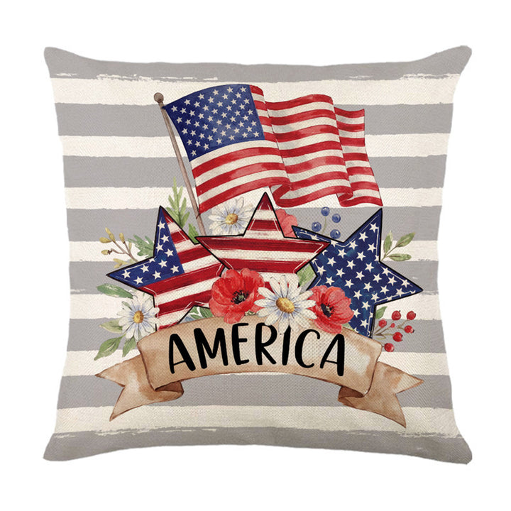 Patriotic Decorative Throw Pillow Cover with American Flag Stars and Floral Banner