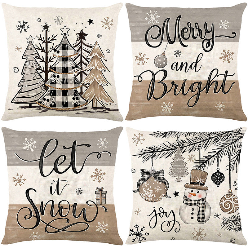 Square Cotton-Linen Holiday Throw Pillow Cover with Handlettered Merry and Bright Script and Snowflake Ornament