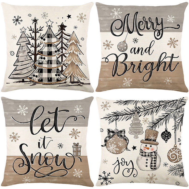 Square Cotton-Linen Holiday Throw Pillow Cover with Handlettered Merry and Bright Script and Snowflake Ornament