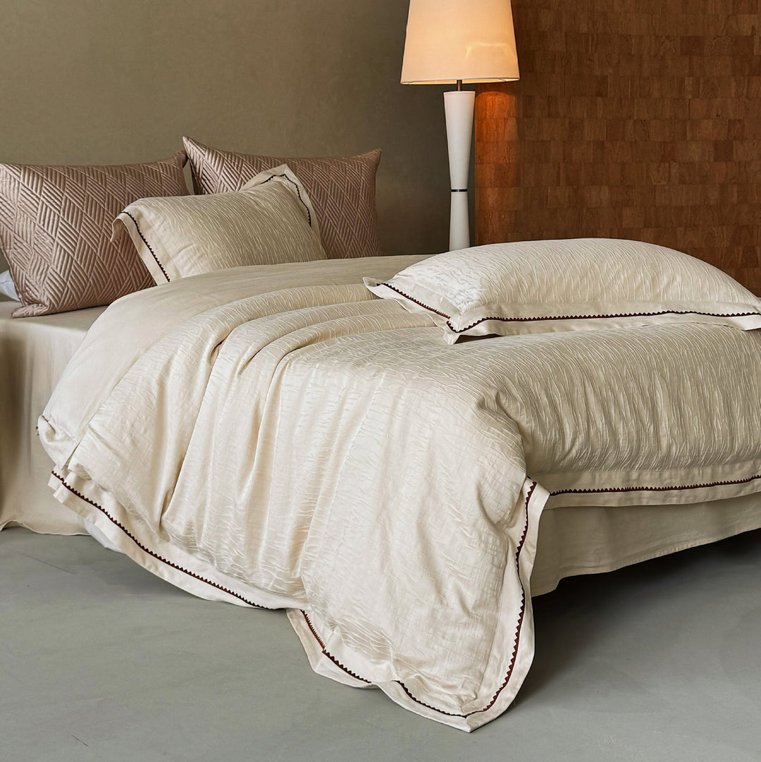 Luxe Textured Cotton-Linen Duvet Cover Set with Contrast Zigzag Trim and Quilted Euro Shams