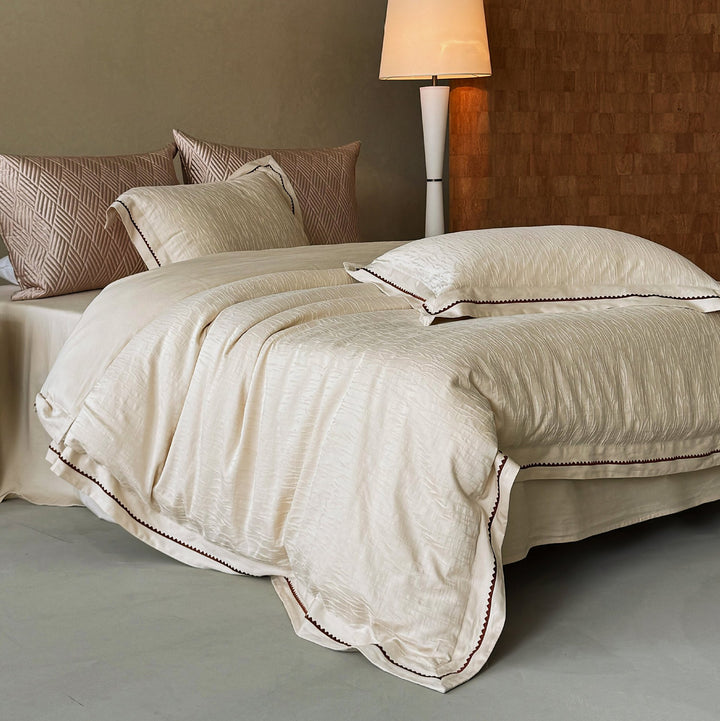 Luxe Textured Cotton-Linen Duvet Cover Set with Contrast Zigzag Trim and Quilted Euro Shams