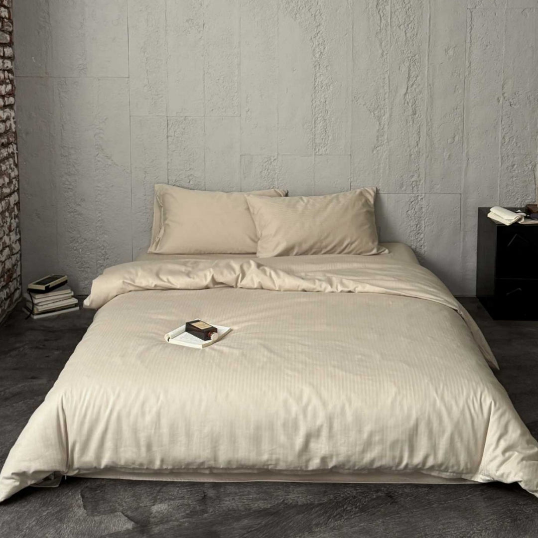 Minimalist Stripe-Textured Cotton Sateen Duvet Cover and Pillowcase Set with Hidden Zipper