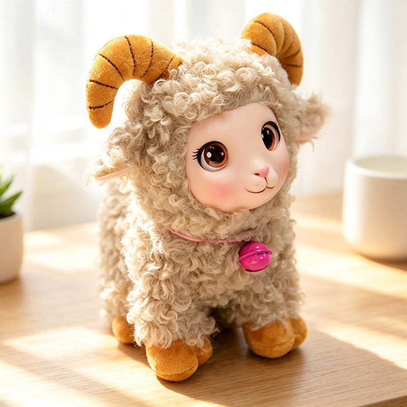 Plush Ram Keychain Charm with Curly Faux-Fur, Sculpted Face, Bell Necklace and Metal Ring Stornfield