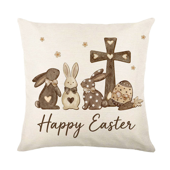 Linen-Blend Square Accent Pillow Cover with Large Easter 'Eggs Hunt' Printed Typography and Decorative Egg Motif