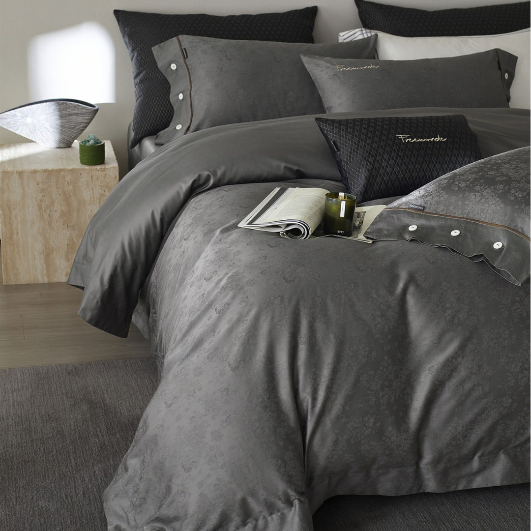Satin-Jacquard Floral Duvet Cover Set with Button Closure & Gold Piping