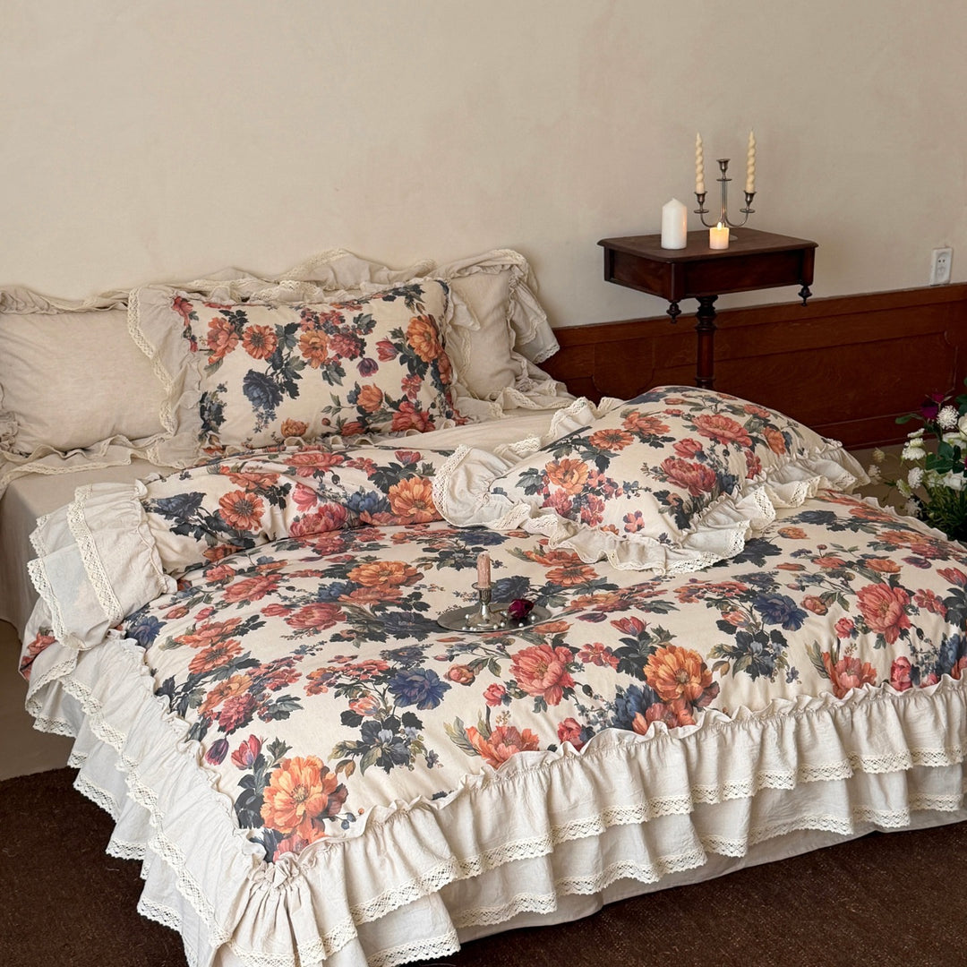Floral Ruffled Cotton-Linen Duvet Cover Set with Lace Trim and Euro Shams