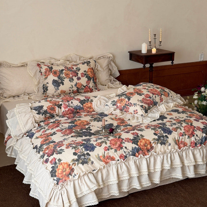 Floral Ruffled Cotton-Linen Duvet Cover Set with Lace Trim and Euro Shams