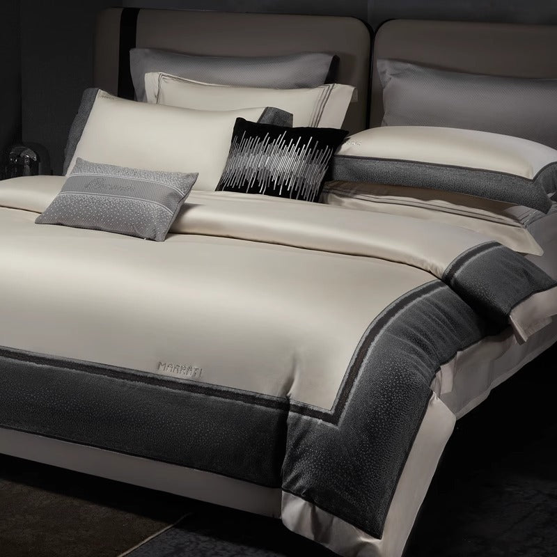 Hotel-Style Silky Sateen Duvet Ensemble with Contrast Textured Border and Euro Shams
