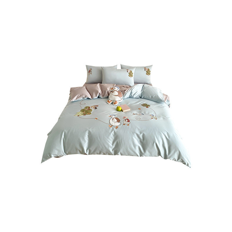 Children's Cartoon Goose Embroidered Cotton Sateen Duvet Cover Set