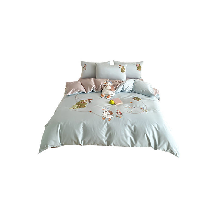 Children's Cartoon Goose Embroidered Cotton Sateen Duvet Cover Set