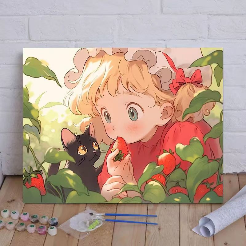Cartoon Cat and Girl Themed Canvas Paint by Numbers Art Kit Stornfield