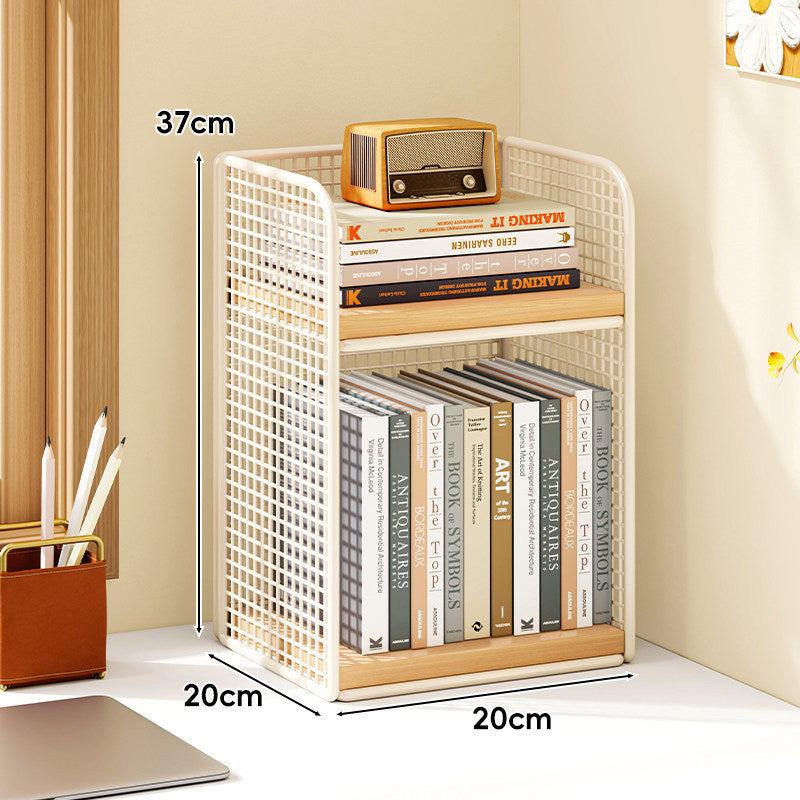 Compact Vertical Two-Tier Metal Grid Desktop Bookshelf Organizer with Solid Wood Shelves