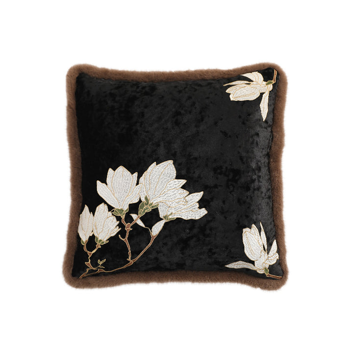 Square velvet decorative pillowcase with magnolia embroidery and faux fur trim Stornfield