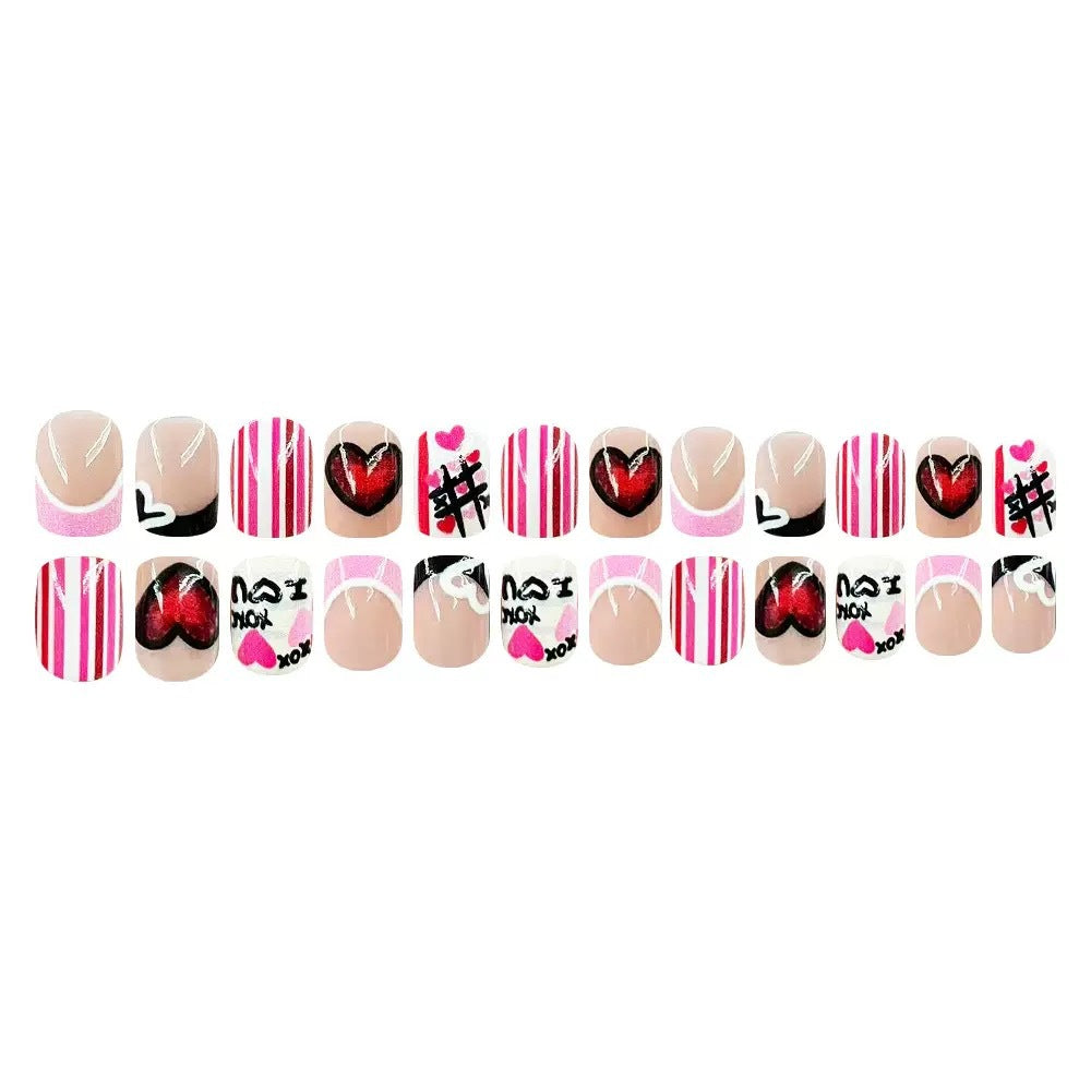 Artificial nail set with romantic heart and stripe designs Stornfield