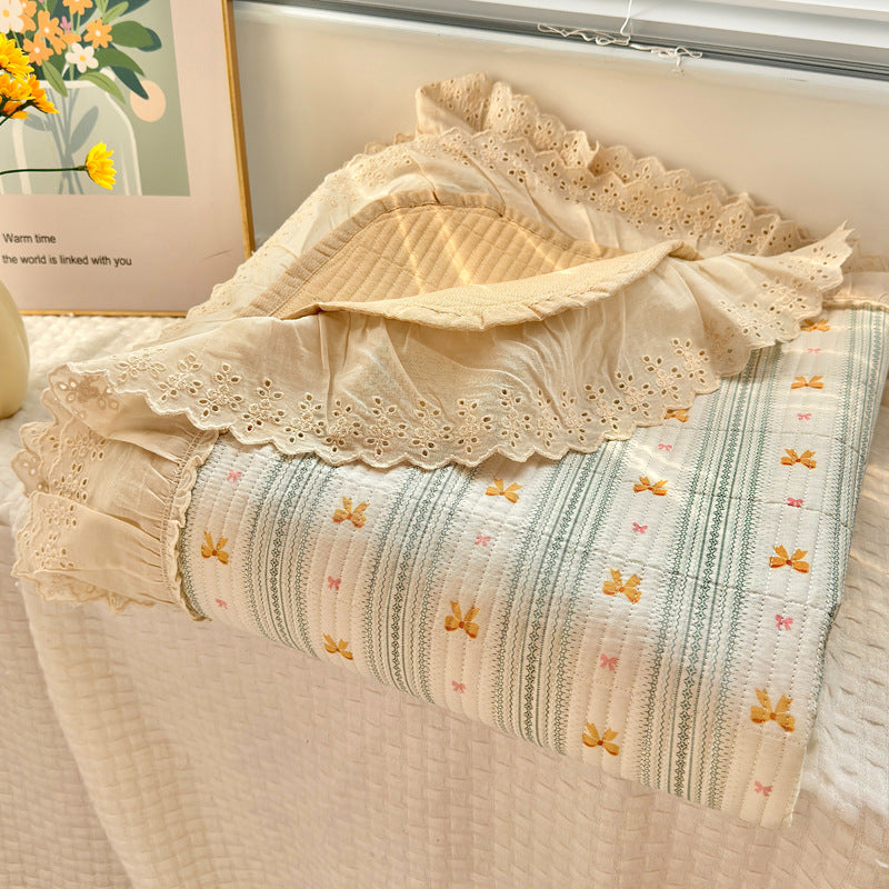 Quilted Floral Reversible Throw Blanket with Eyelet Lace Ruffle