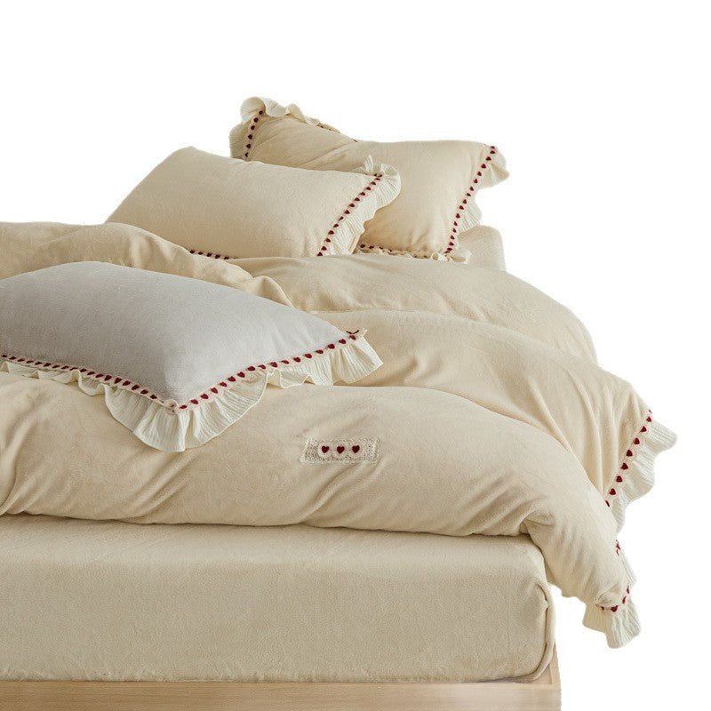 Plush Ruffled Pom-Pom Trim Duvet Cover Set