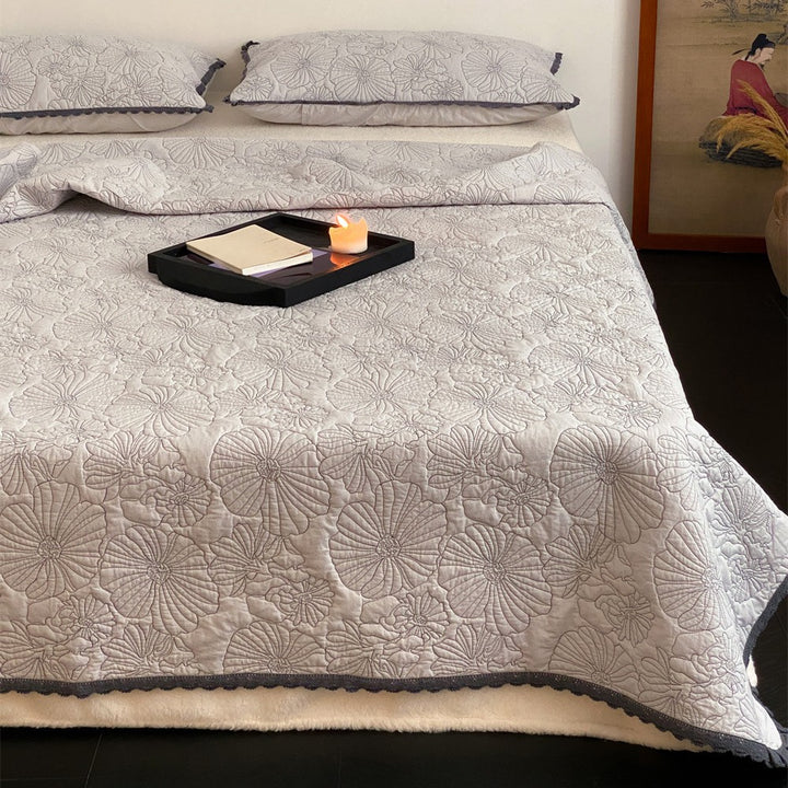 Embroidered Cotton Quilt Bedspread Set with Scalloped Trim